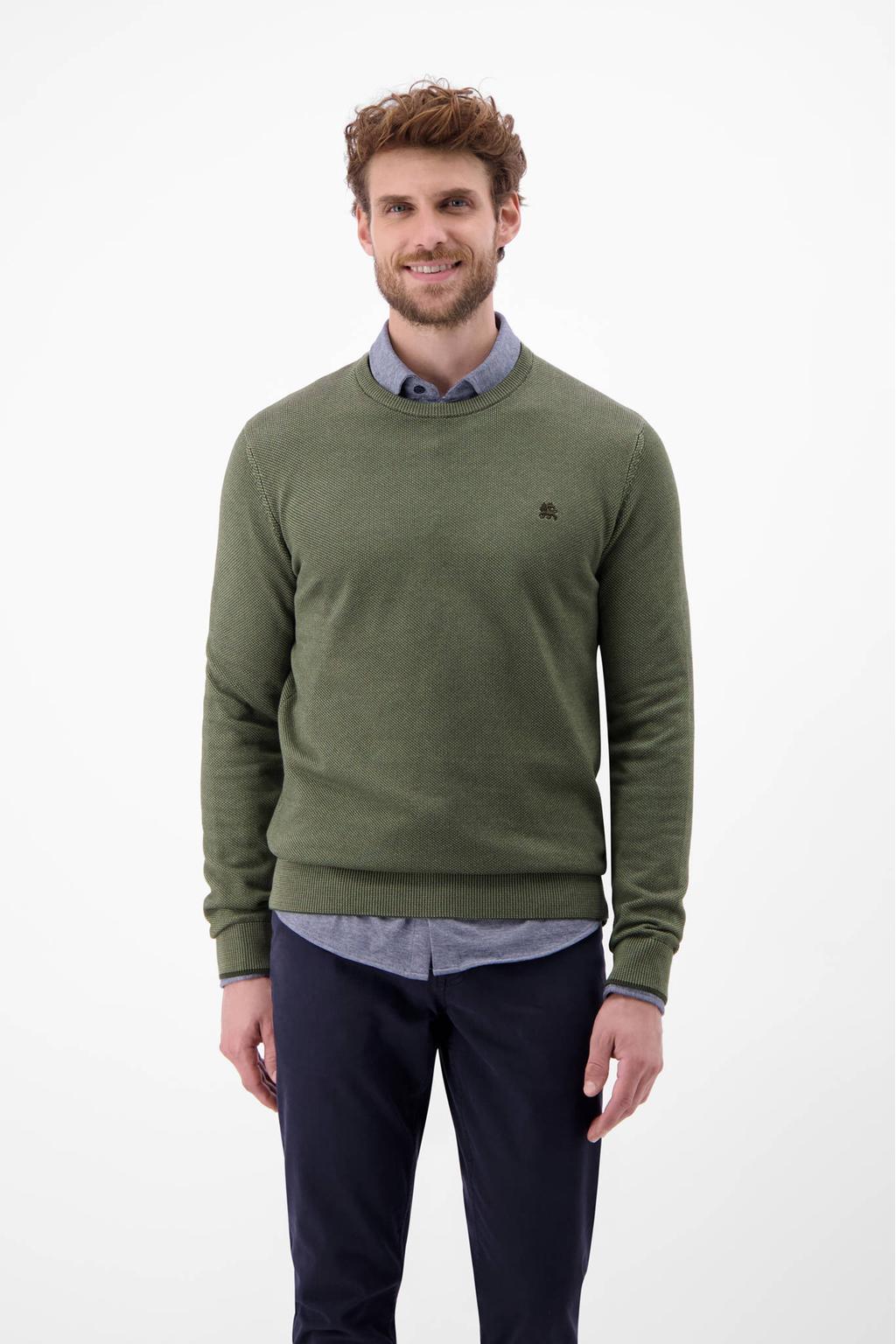 Groene heren LERROS pullover fijn gebreid van katoen met effen, lange mouwen en ronde hals