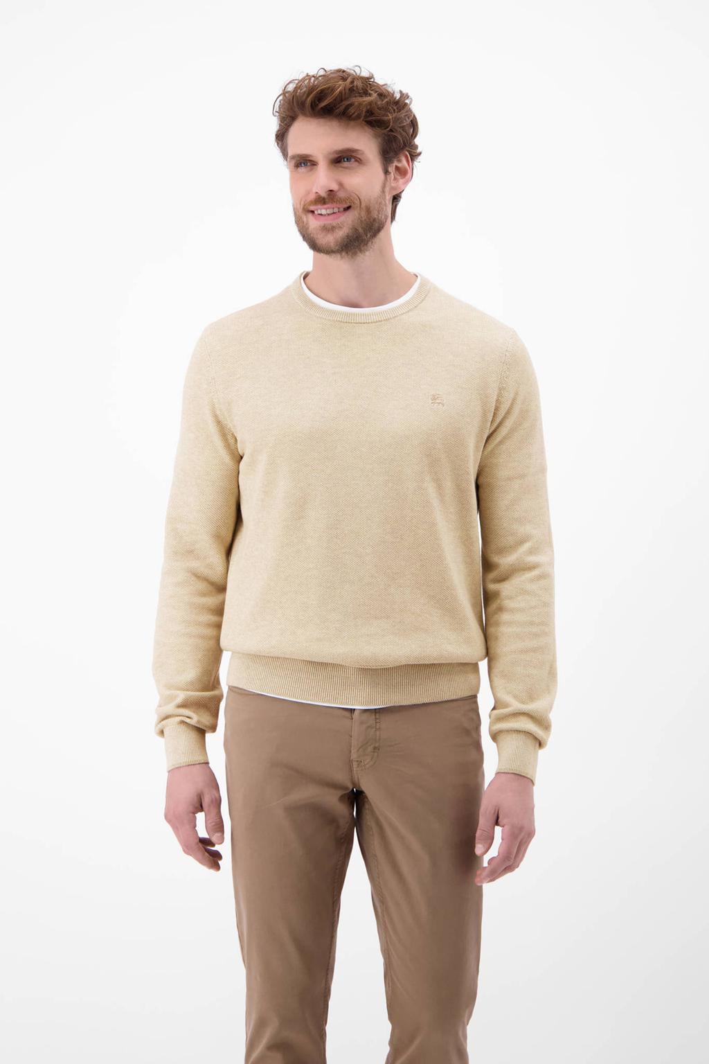 Beige heren LERROS pullover fijn gebreid van katoen met effen, lange mouwen en ronde hals