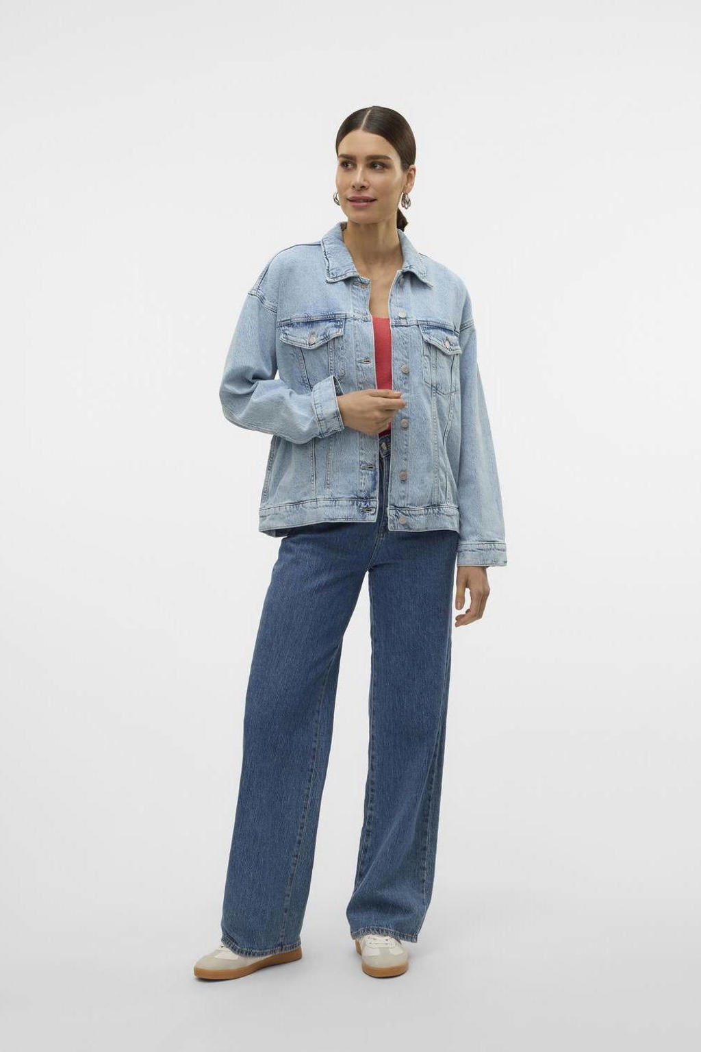 Lichtblauwe dames VERO MODA spijkerjas van denim met effen, lange mouwen, klassieke kraag en knoopsluiting