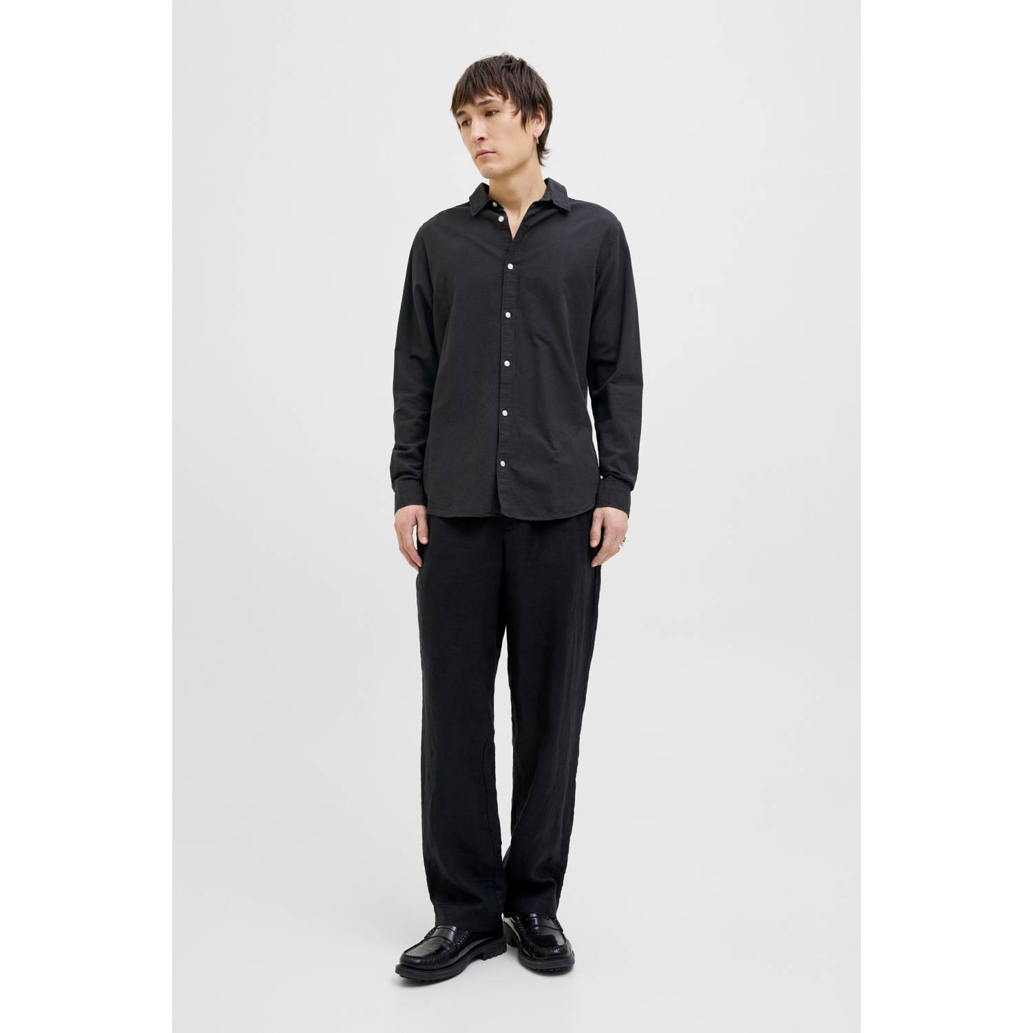 JACK & JONES ESSENTIALS linnen casual overhemd zwart