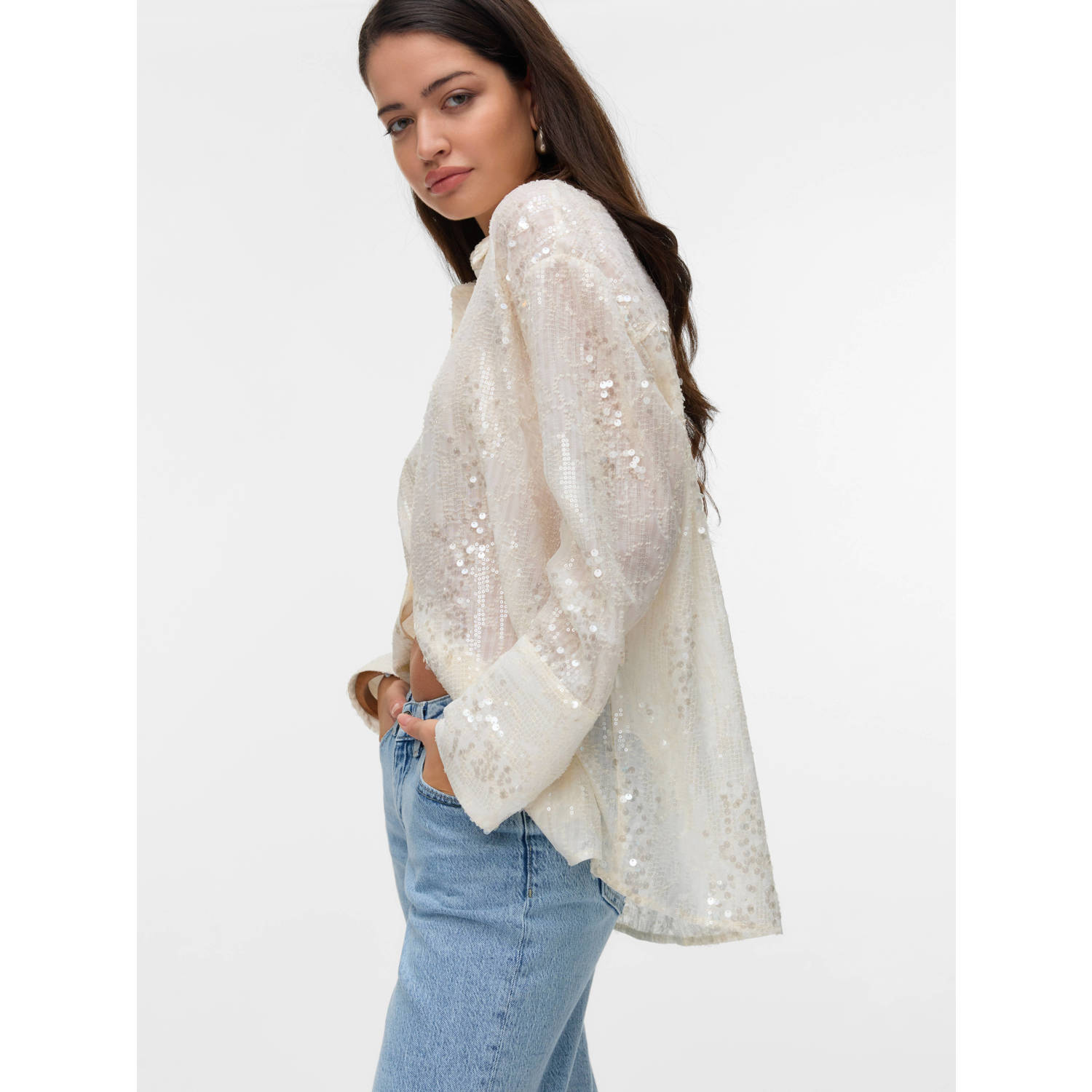 VERO MODA blouse ecru met pailletten