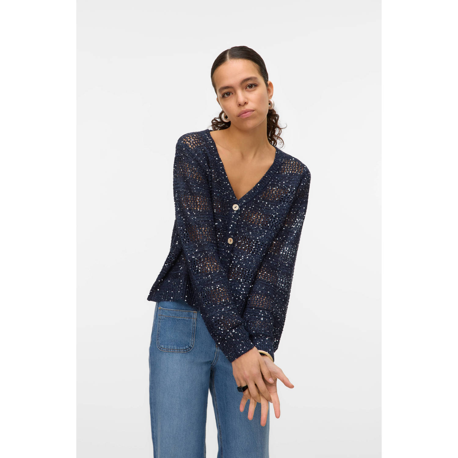 VERO MODA vest donkerblauw fijn gebreid