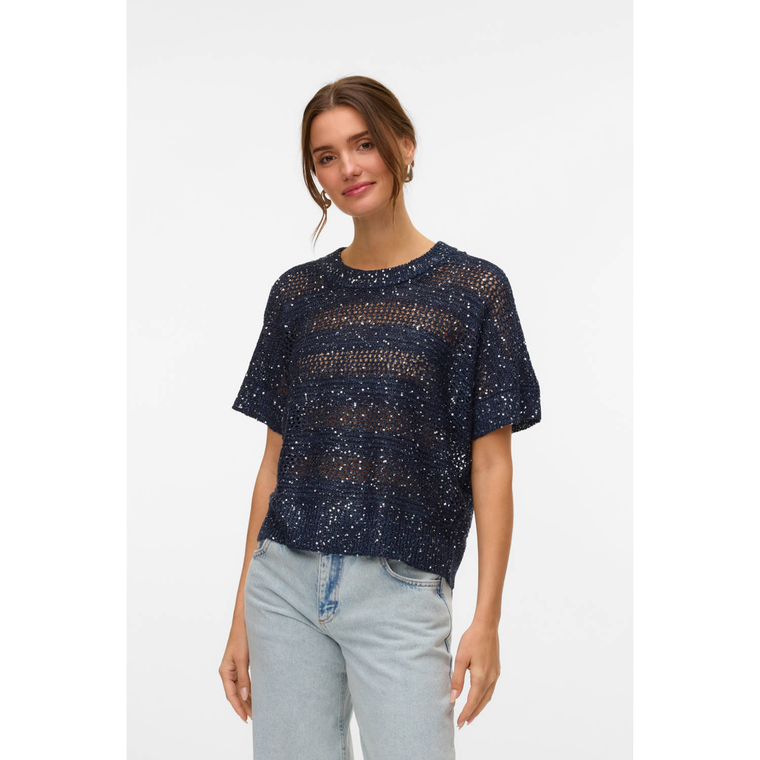 VERO MODA trui donkerblauw fijn gebreid