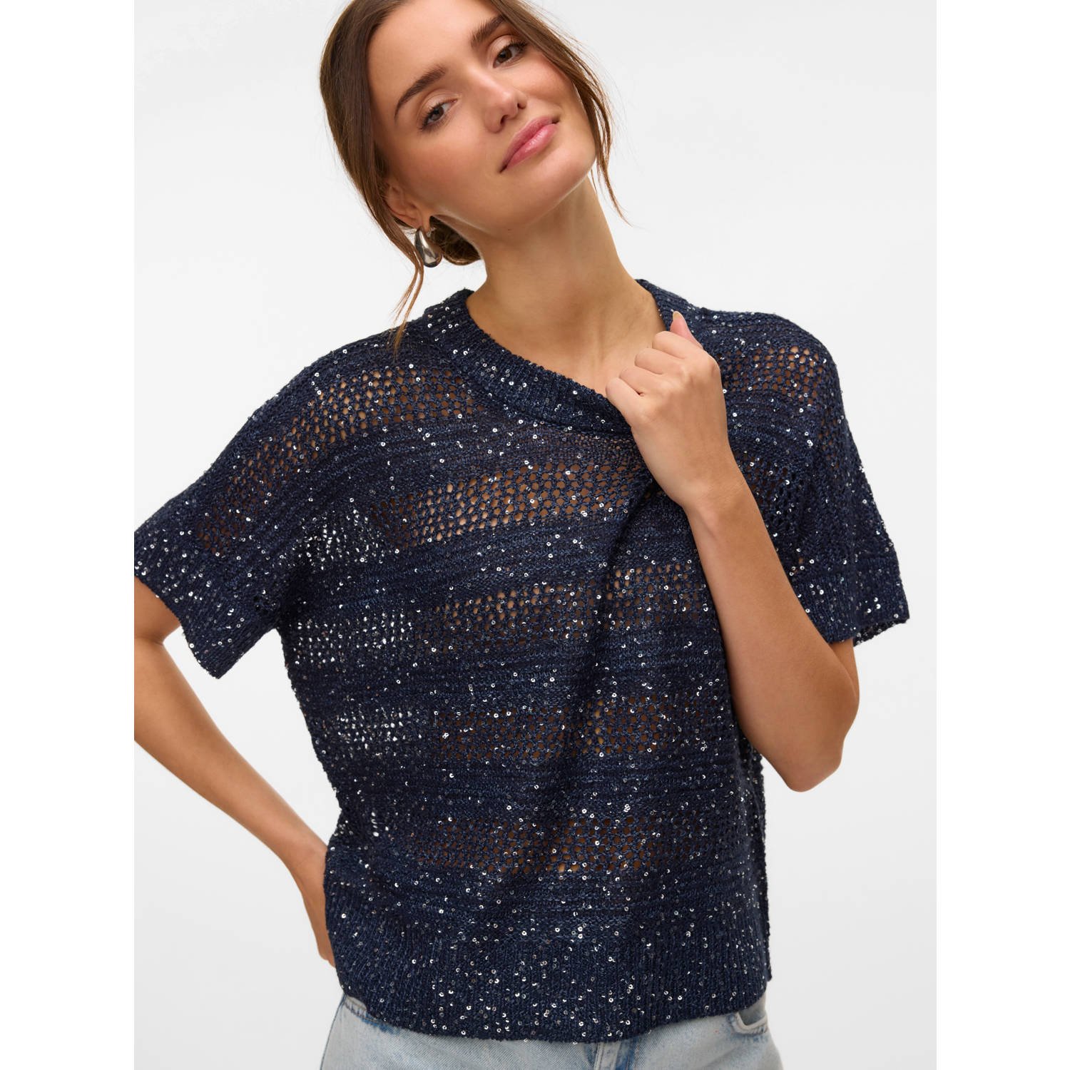 VERO MODA trui donkerblauw fijn gebreid