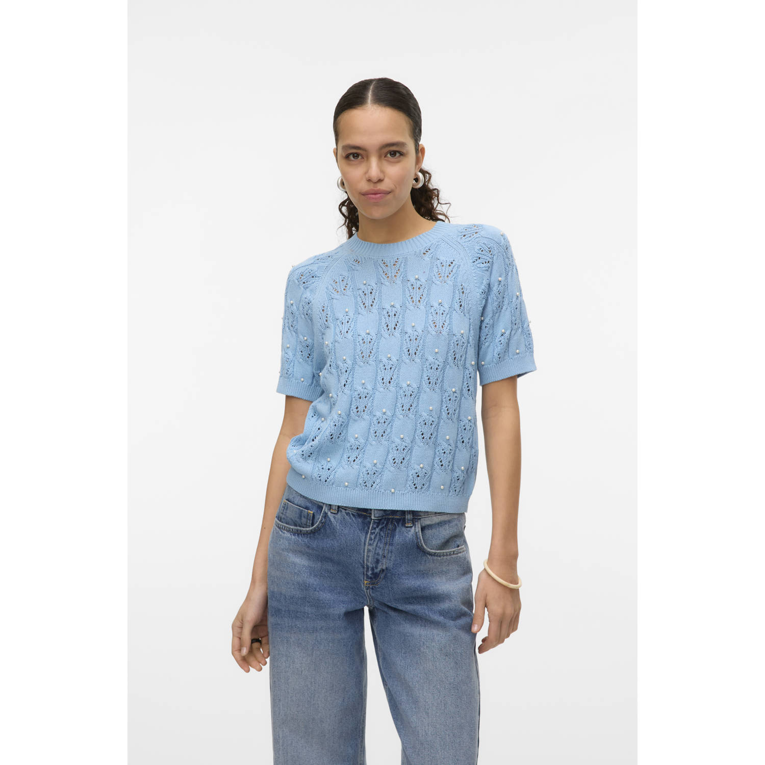 VERO MODA gebreide trui lichtblauw ajour