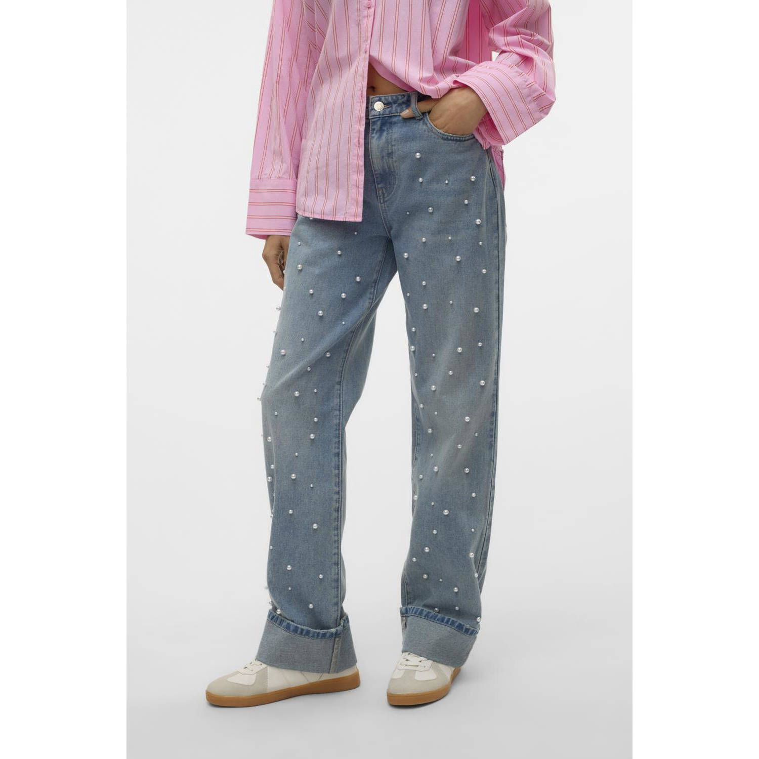 VERO MODA medium blue denim jeans met parels