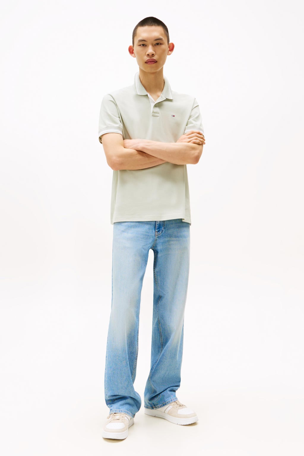 Lichtgroene heren Tommy Jeans regular polo van katoen met effen, korte mouwen en pique