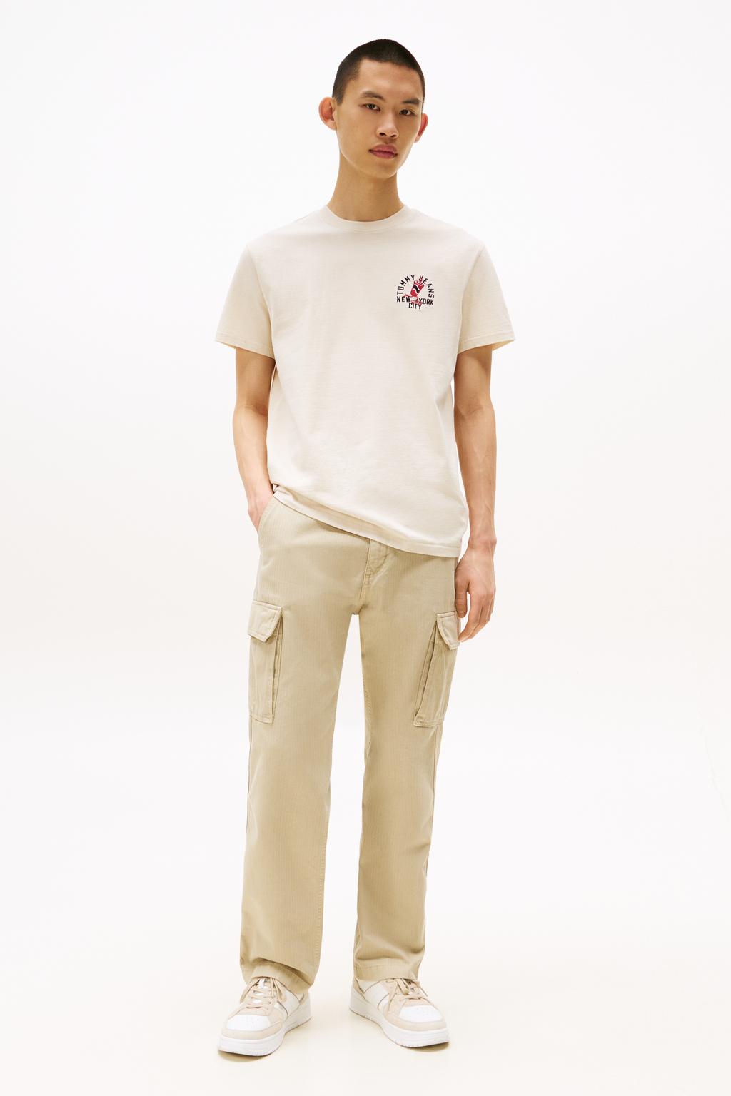 Ecru heren Tommy Jeans T-shirt van katoen met printopdruk, korte mouwen en ronde hals