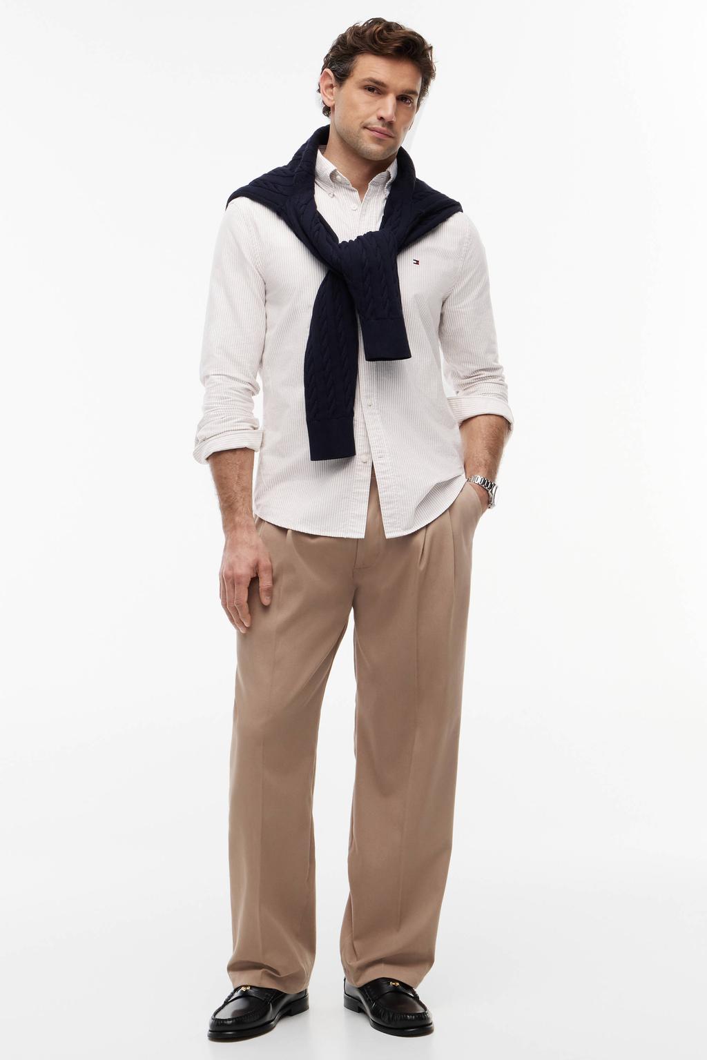 Beige heren Tommy Hilfiger gestreepte regular oxford overhemd van katoen met lange mouwen, button down sluiting en knoopsluiting