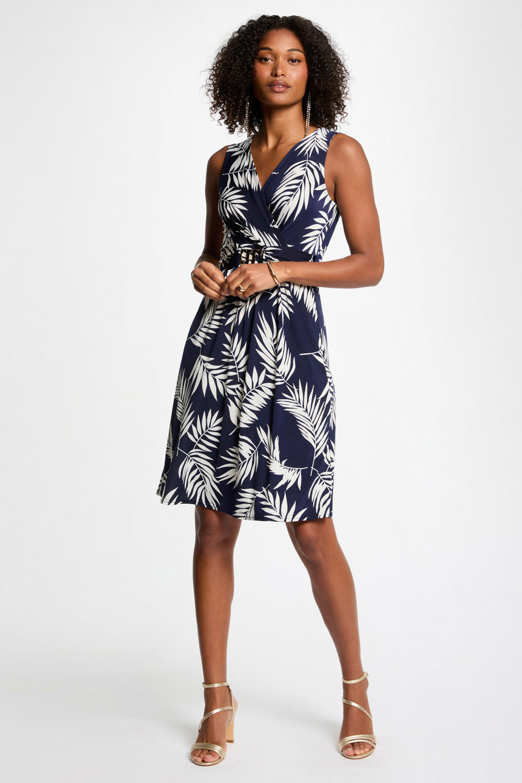 Marine en witte dames Morgan zomerjurk van polyester met bladprint, V-hals en gesp
