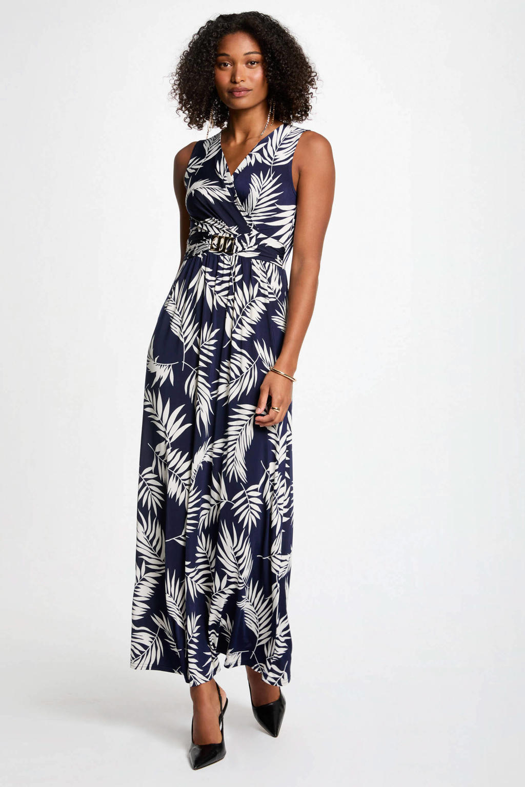 Donkerblauw en ecru dames Morgan maxi jurk van polyester met bladprint, overslagkraag en plooien