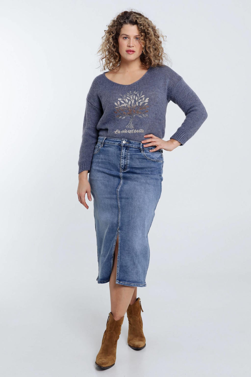 Medium blue denim dames Paprika kokerrok van denim met effen, blinde knoopsluiting en split