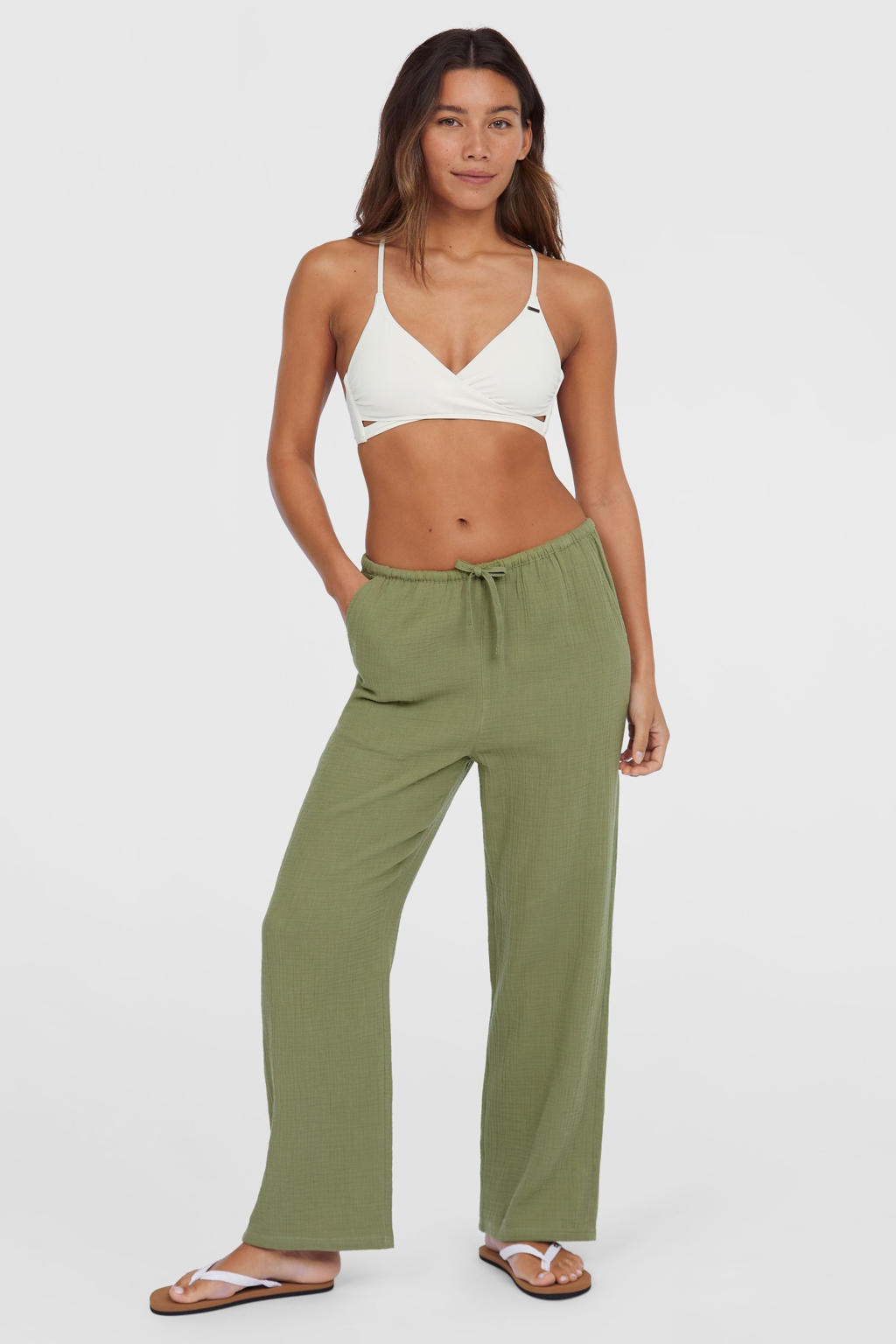 Kakikleurige dames O'Neill straight low waist broek van sweat materiaal met elastische tailleband met koord en effen