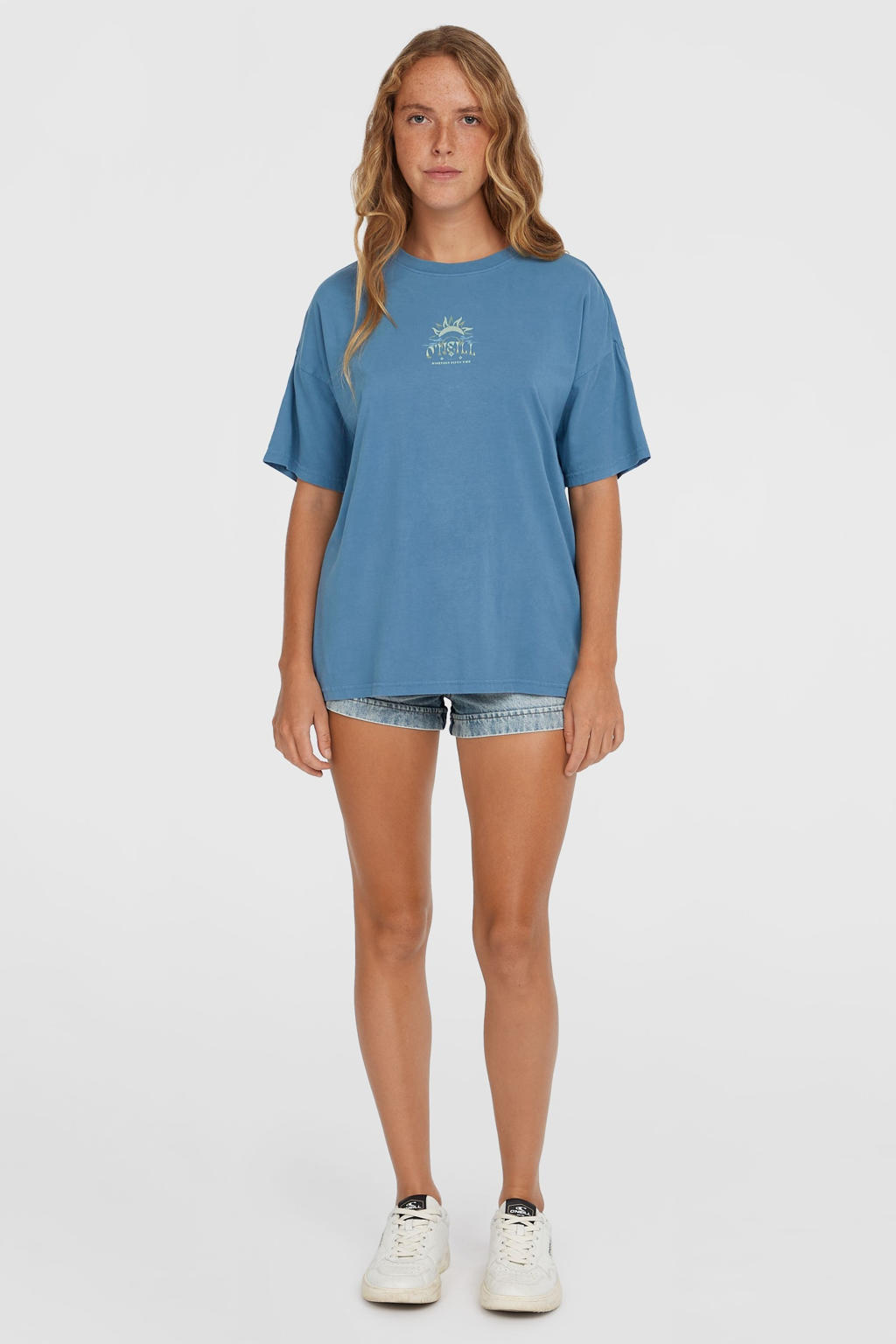 Blauwe dames O'Neill T-shirt van katoen met backprint, korte mouwen en ronde hals