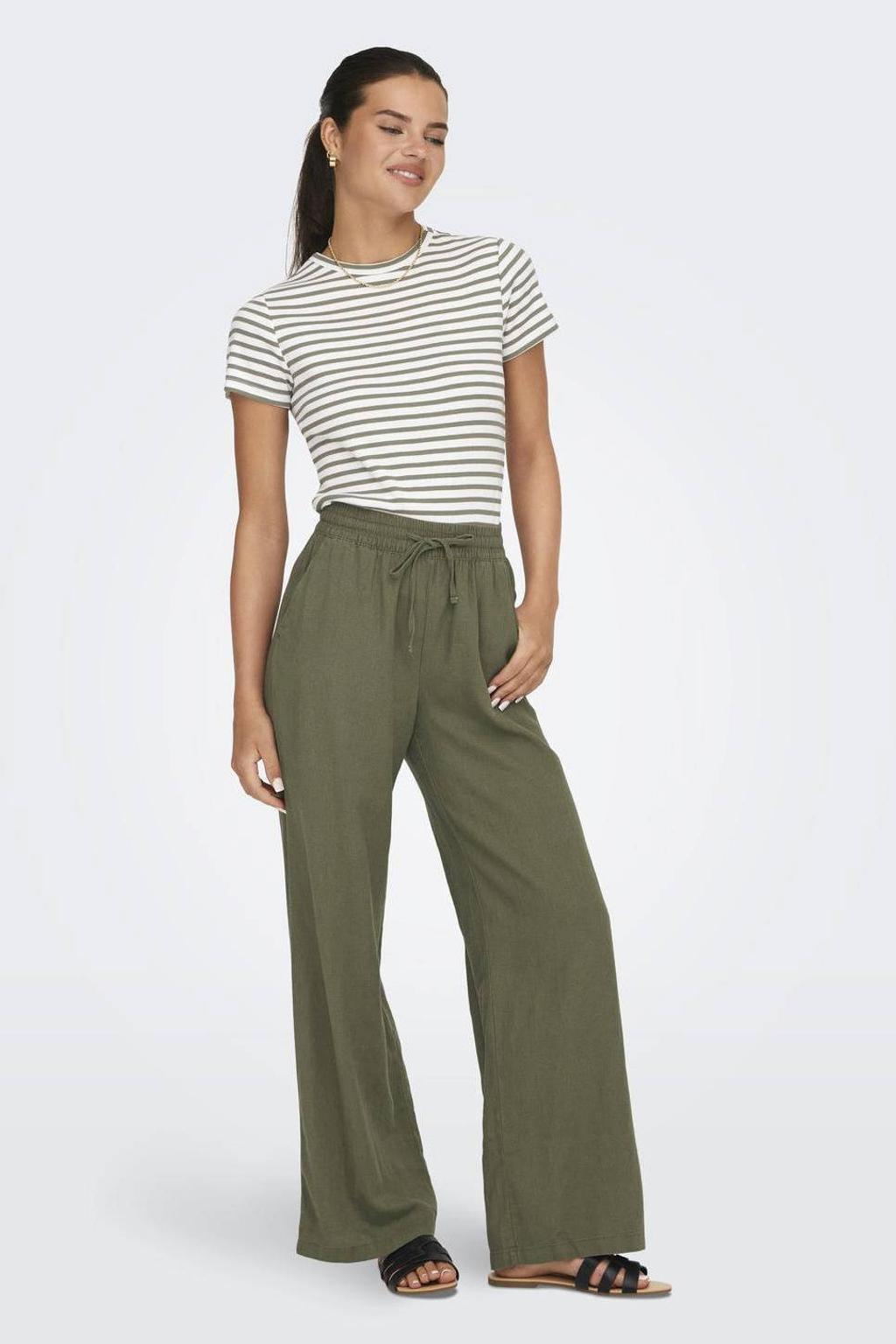Groene dames JDY linnen high waist casual broek met loose fit, elastische tailleband met koord en effen