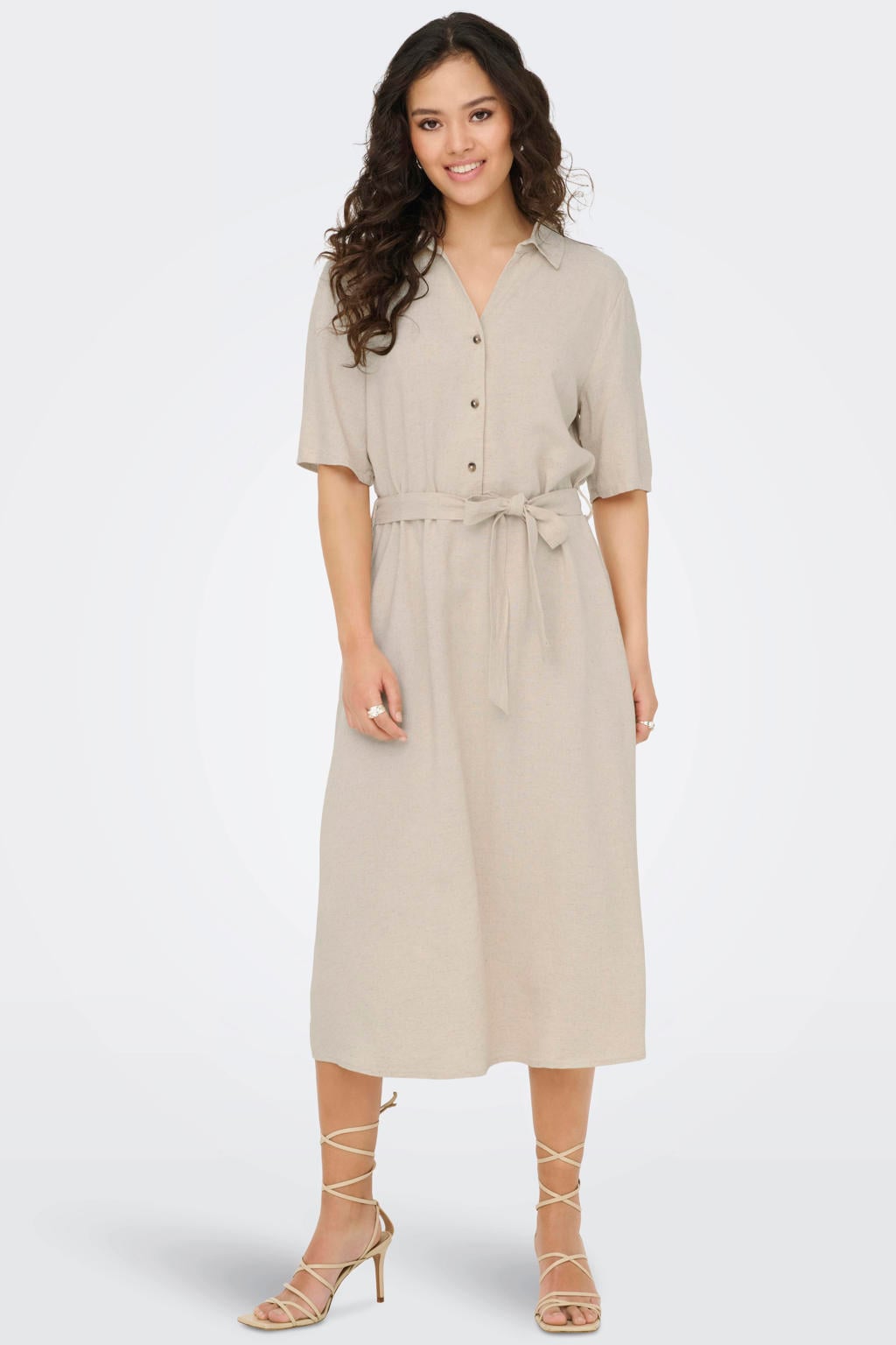 Lichtgrijze dames JDY A-lijn jurk crème van viscose met melée print, half lange mouwen, klassieke kraag, knoopsluiting en geweven detail