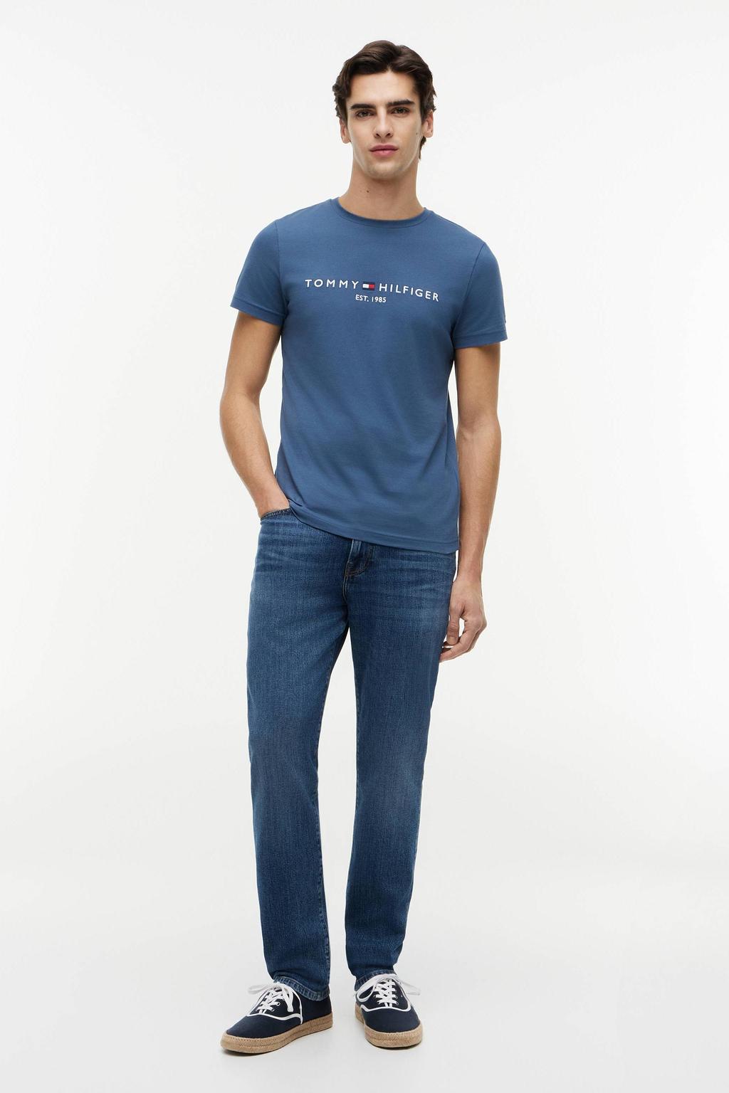 Blauwe heren Tommy Hilfiger T-shirt van katoen met printopdruk, korte mouwen en ronde hals
