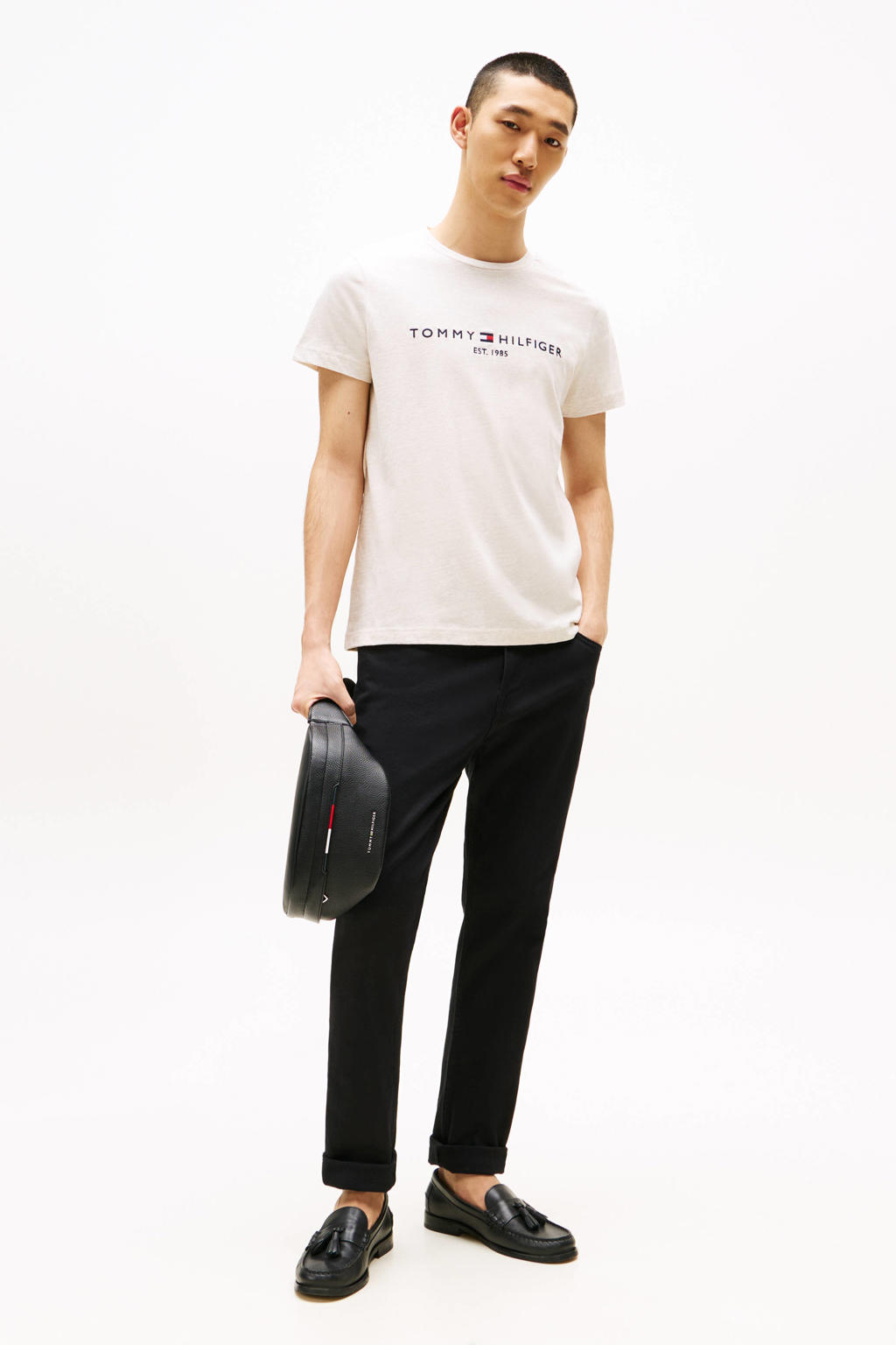 Ecru heren Tommy Hilfiger slim T-shirt van katoen met printopdruk, korte mouwen en ronde hals