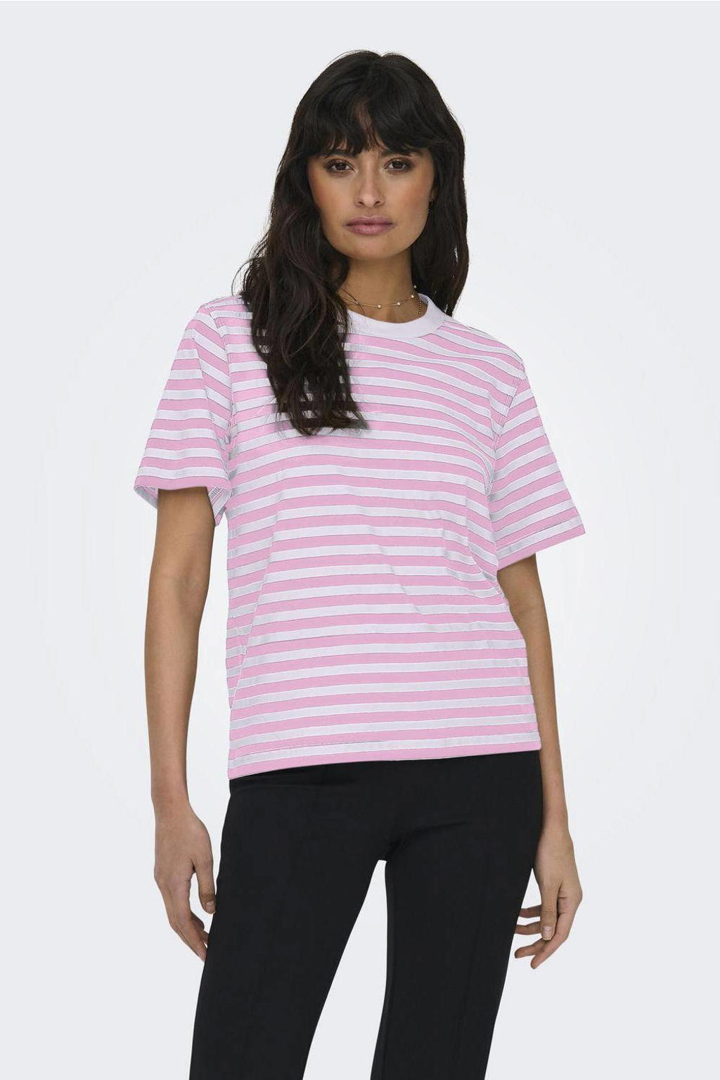 Roségouden dames ONLY T-shirt van katoen met strepenprint, korte mouwen en ronde hals