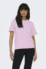 thumbnail: Roségouden dames ONLY T-shirt van katoen met strepenprint, korte mouwen en ronde hals