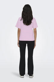 thumbnail: Lichtroze en witte dames ONLY t-shirt van katoen met strepenprint, korte mouwen en ronde hals