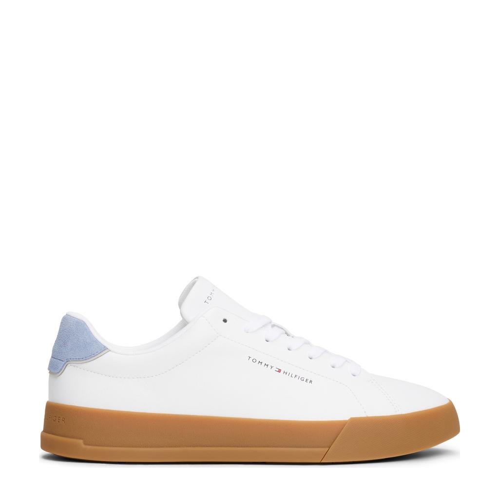 Wit en lichtblauwe heren Tommy Hilfiger leren sneakers van 80% leer/20% polyurethaan met veters