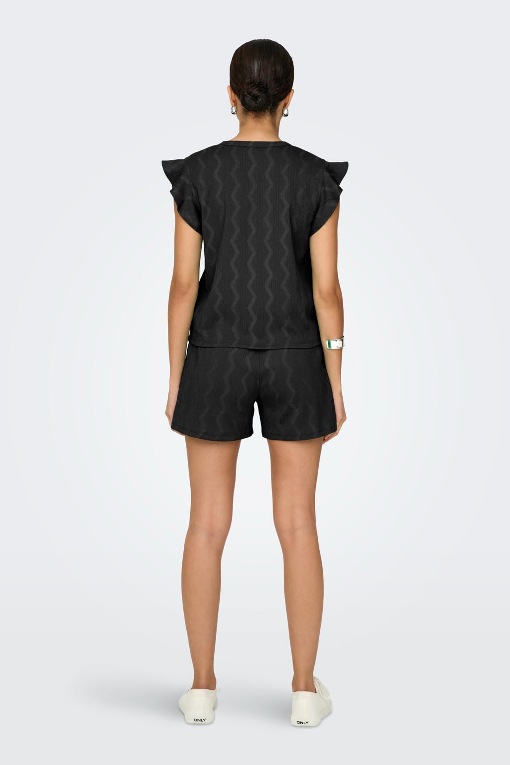 Zwarte dames ONLY top van polyester met effen, korte mouwen, V-hals en gebreide details