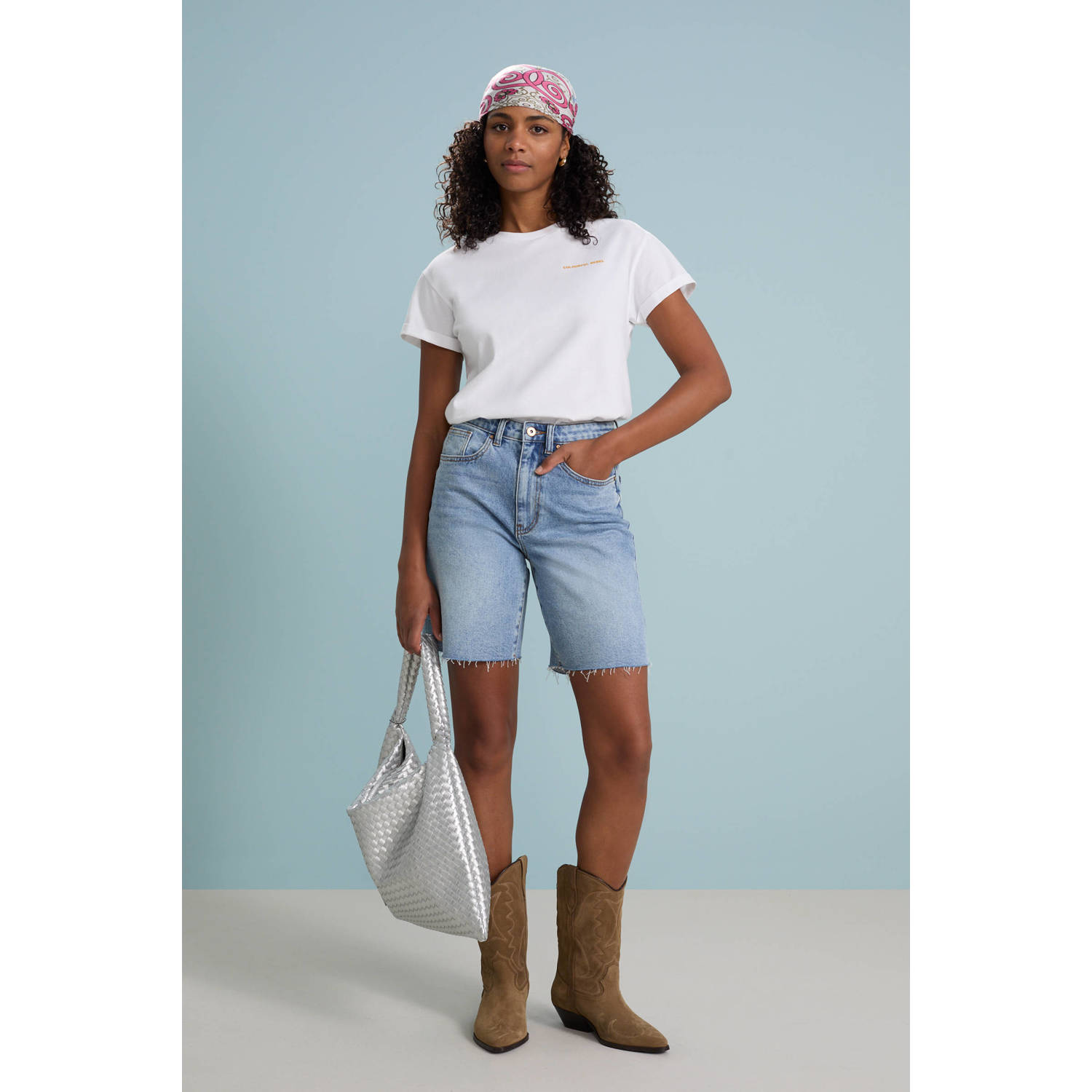 ONLY wide leg high waist denim short light blue denim
