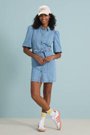 thumbnail: Light blue denim dames ONLY spijkerjurk van denim met effen, half lange mouwen, klassieke kraag, knoopsluiting en gebreide details
