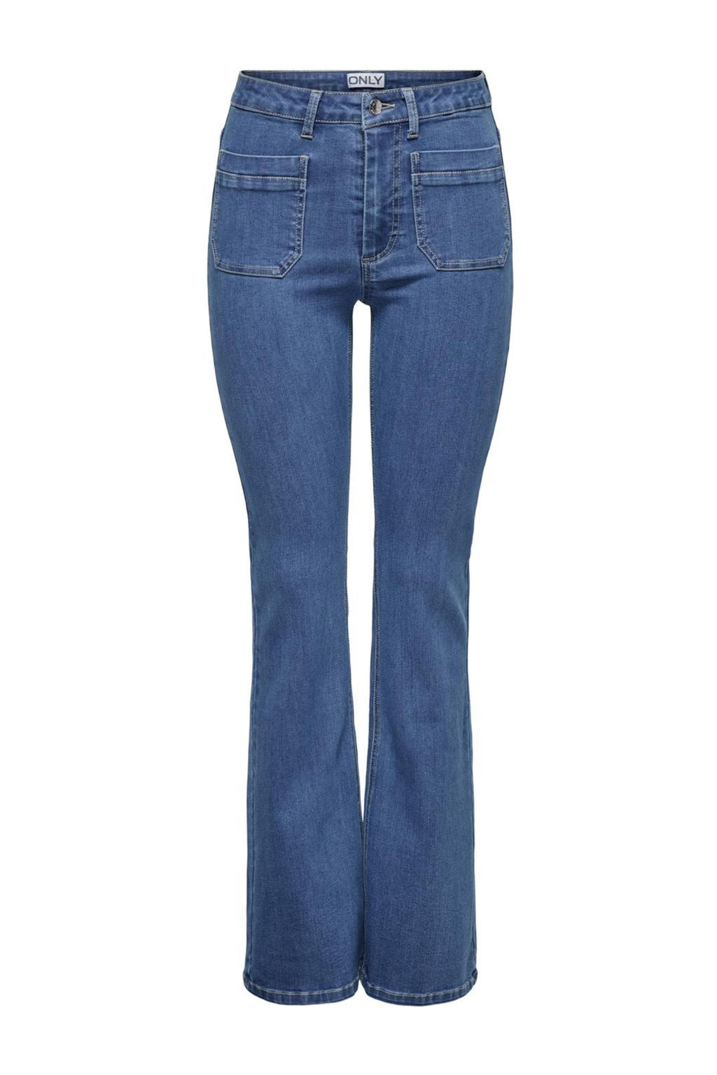 Medium blue denim dames ONLY high waist flared jeans van denim met knoopsluiting en effen