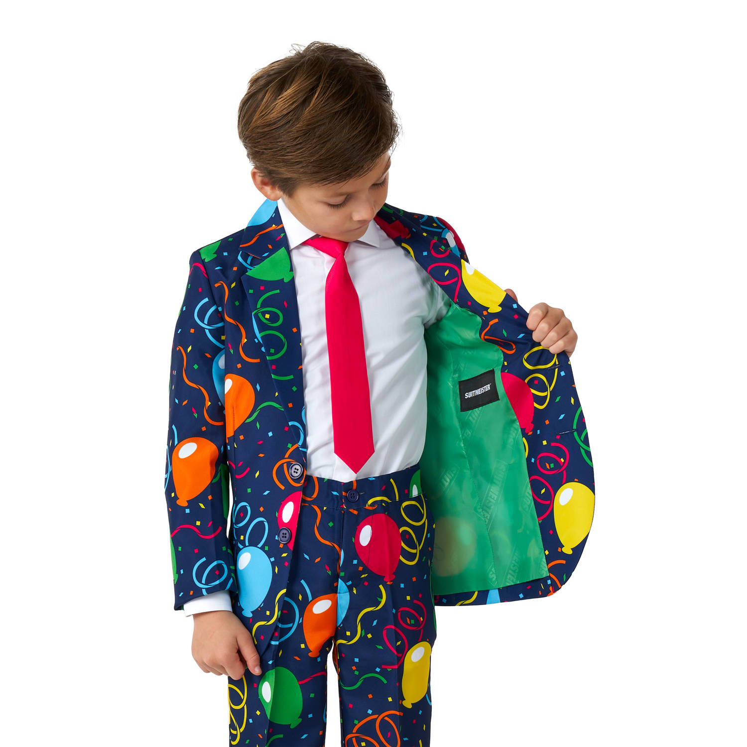 Suitmeister twee delig pak met stropdas donkerblauw groen rood
