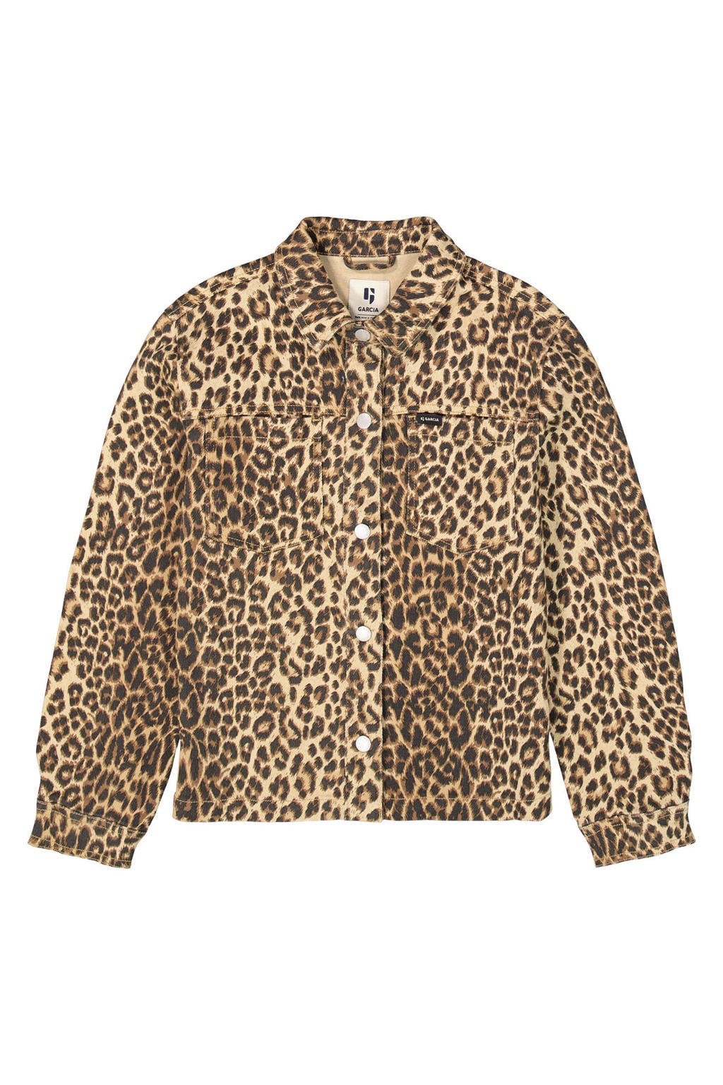 Beige, bruin en zwarte meisjes Garcia spijkerjas van stretchdenim met dierenprint, lange mouwen, klassieke kraag en knoopsluiting