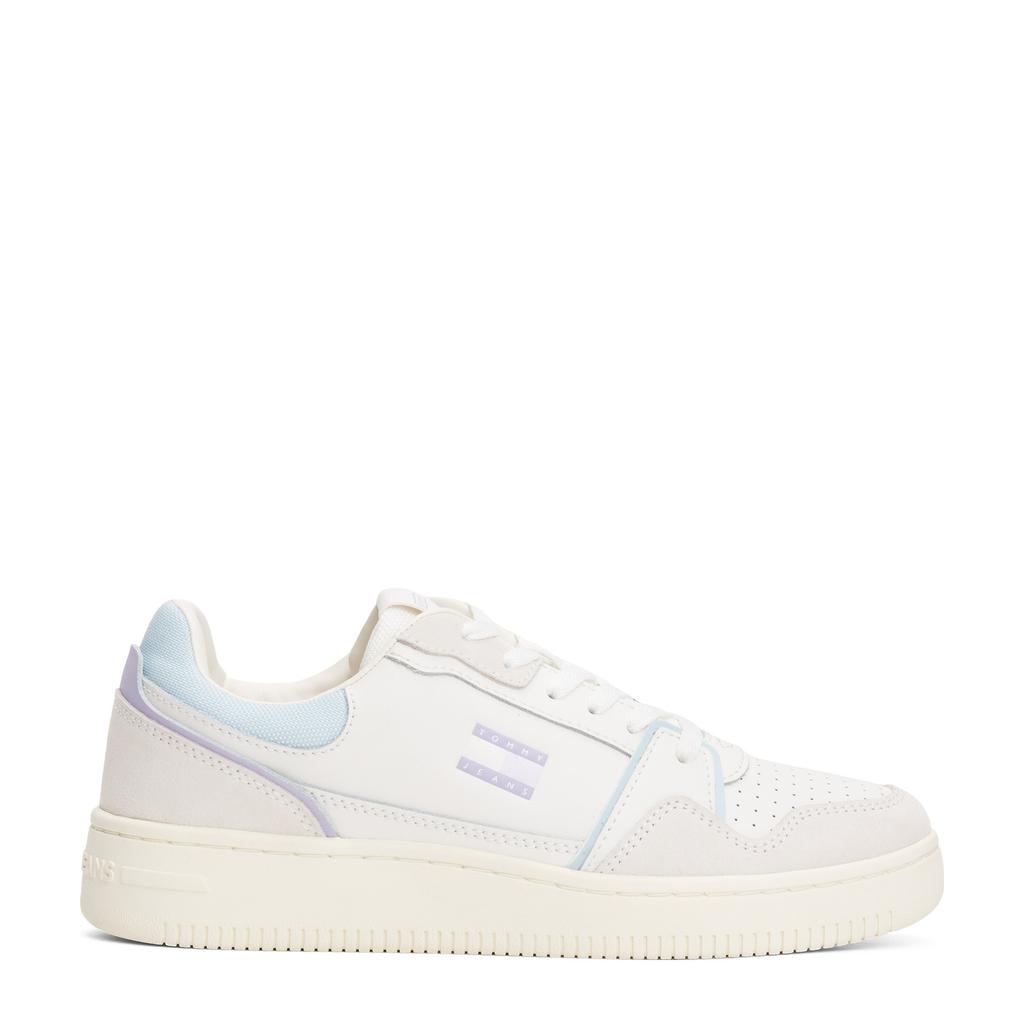 Wit, lila en lichtblauwe dames Tommy Jeans leren sneakers van 90% leer/10% polyurethaan met veters