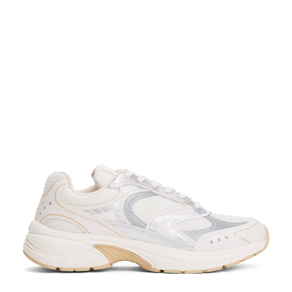 Witte dames Tommy Jeans chunky sneakers van textiel en imitatieleer met veters