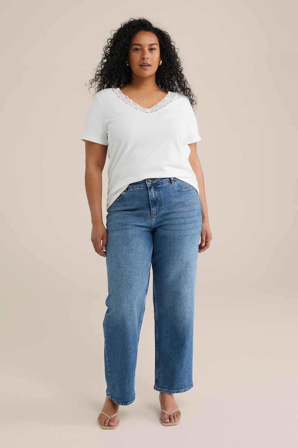 Witte dames WE Fashion Curve T-shirt van katoen met effen, korte mouwen, V-hals en kant