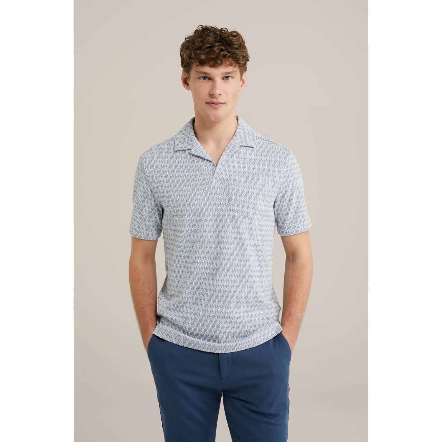WE Fashion regular polo met ingebreid patroon lichtblauw