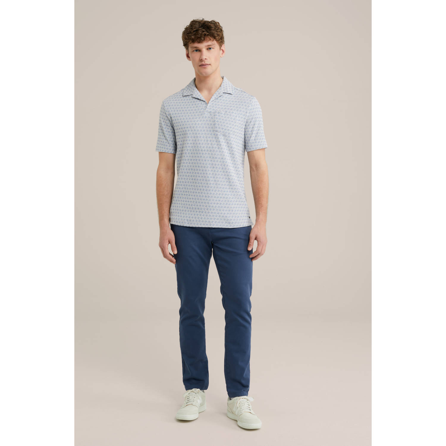 WE Fashion regular polo met ingebreid patroon lichtblauw