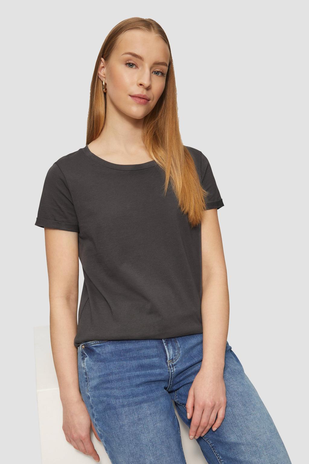 Antraciete dames QS T-shirt van katoen met effen, korte mouwen, ronde hals en omslagdetail