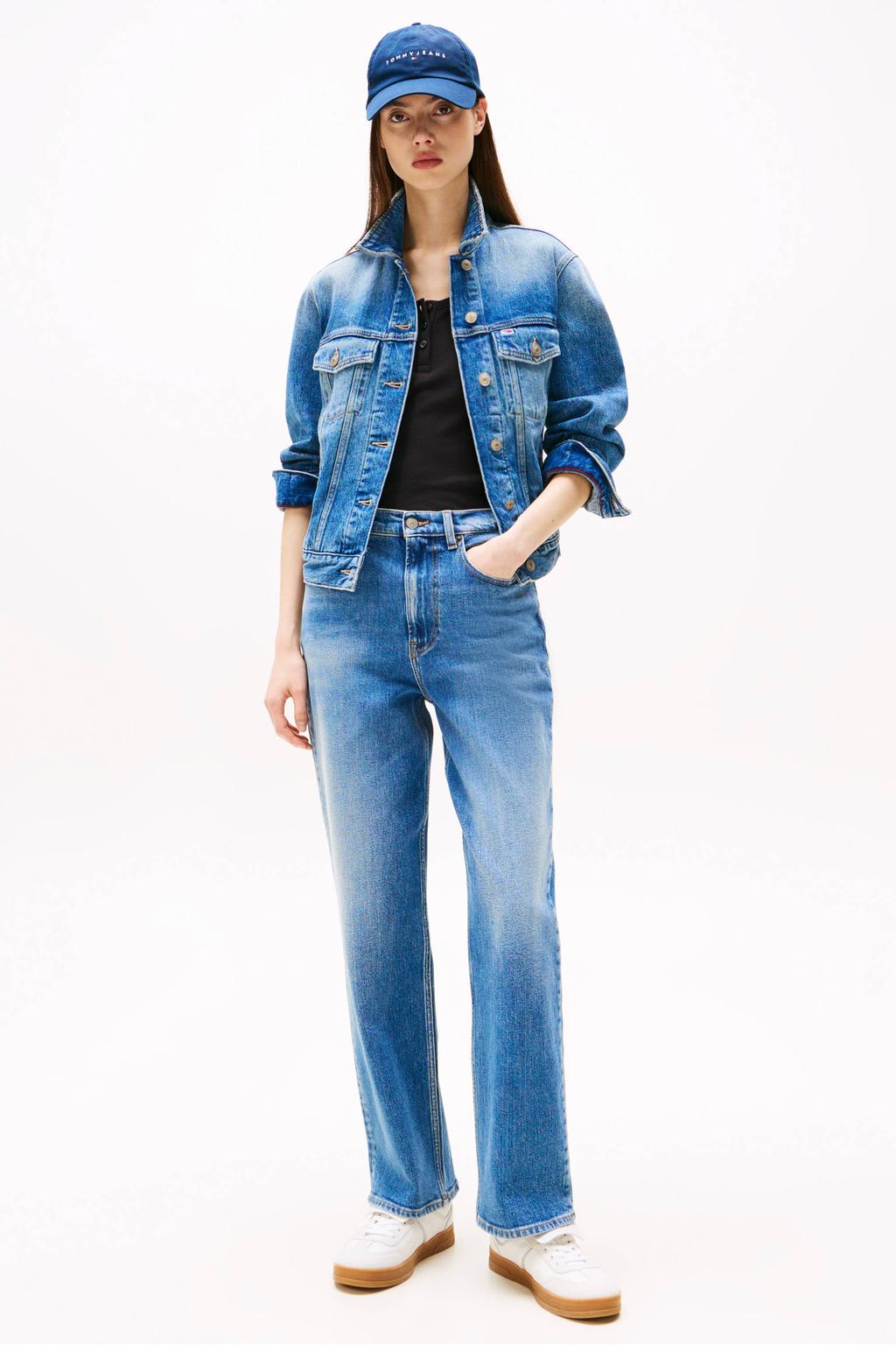 Medium blue denim dames Tommy Jeans straight leg jeans van katoen met rits- en knoopsluiting en effen
