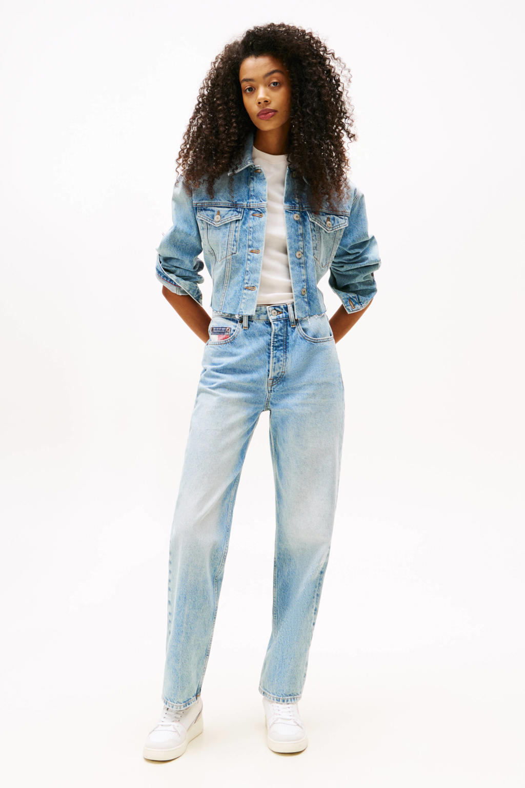 Blauwe dames Tommy Jeans straight leg jeans van denim met rits- en knoopsluiting en effen