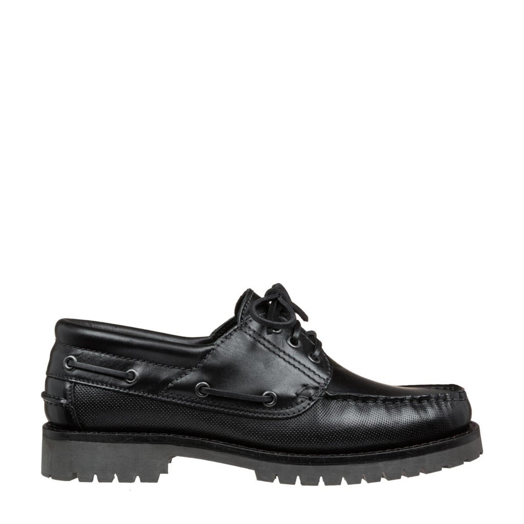 Zwarte heren Van Lier leren bootschoenen met veters
