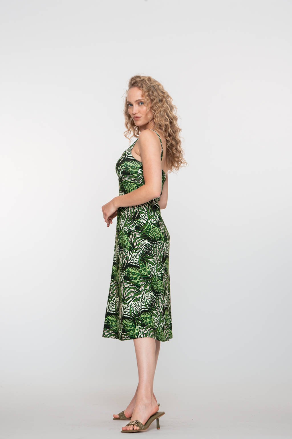 Midi Jurk Geisha Jurk Leaves Groene Leaf Print Stretch Midi Jurk