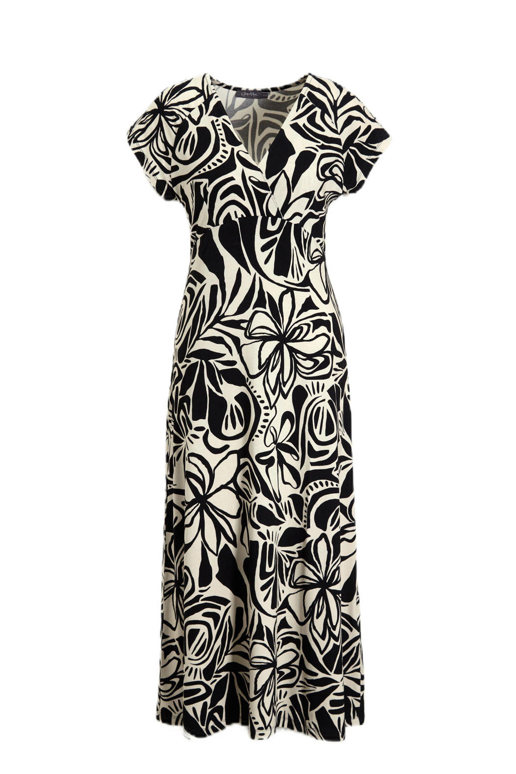 Zwart en witte dames Geisha zomerjurk van viscose met korte mouwen en V-hals