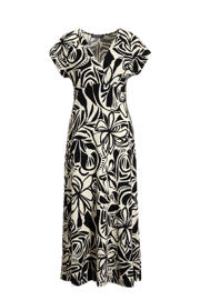 thumbnail: Zwart en witte dames Geisha zomerjurk van viscose met korte mouwen en V-hals