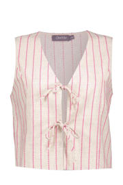 thumbnail: Zand en roze dames Geisha gilet van acryl met strepenprint, V-hals en striksluiting