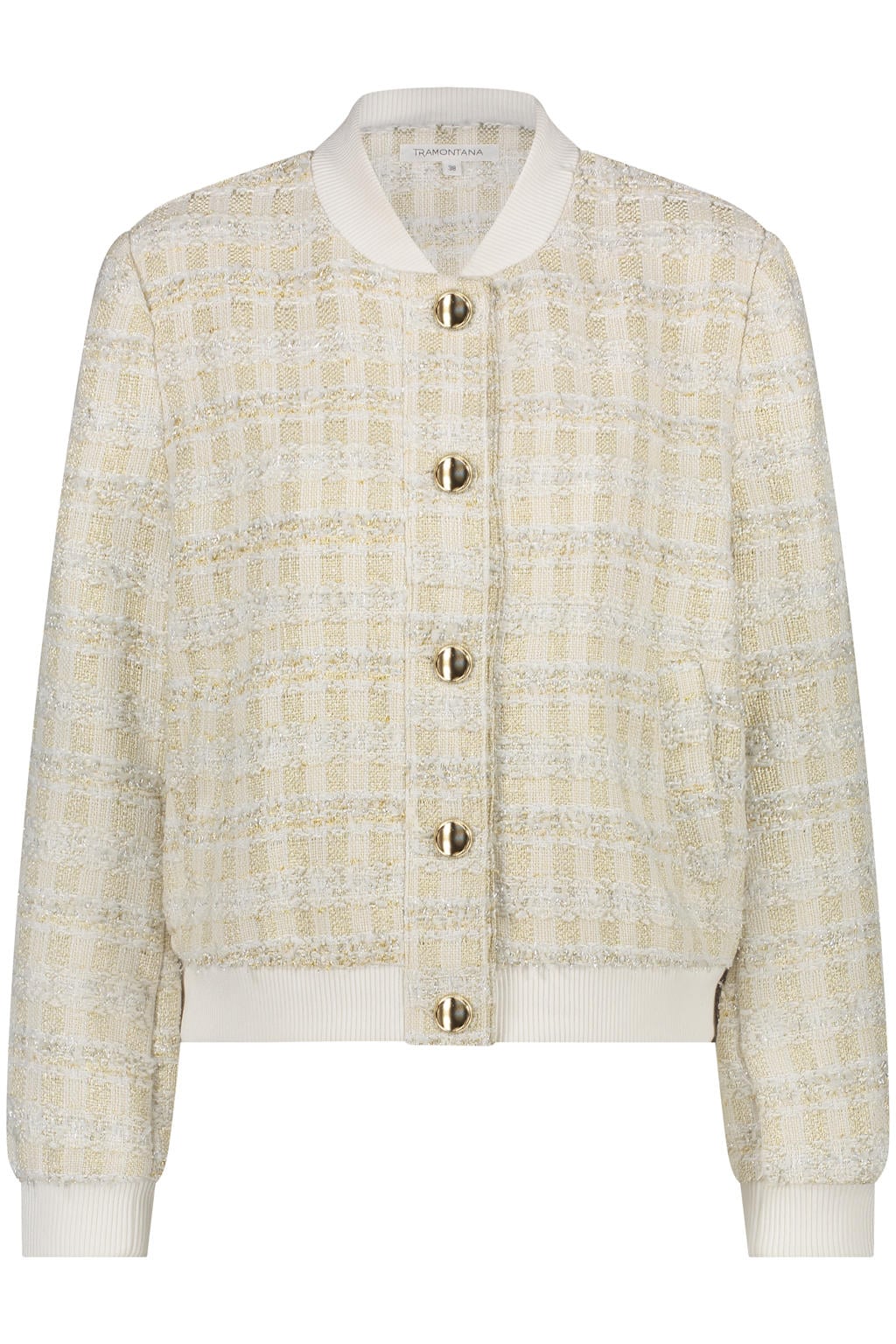 Ecru en beige dames Tramontana jasje van polyester met pied de poule dessin, lange mouwen, ronde hals, knoopsluiting en elastische boord