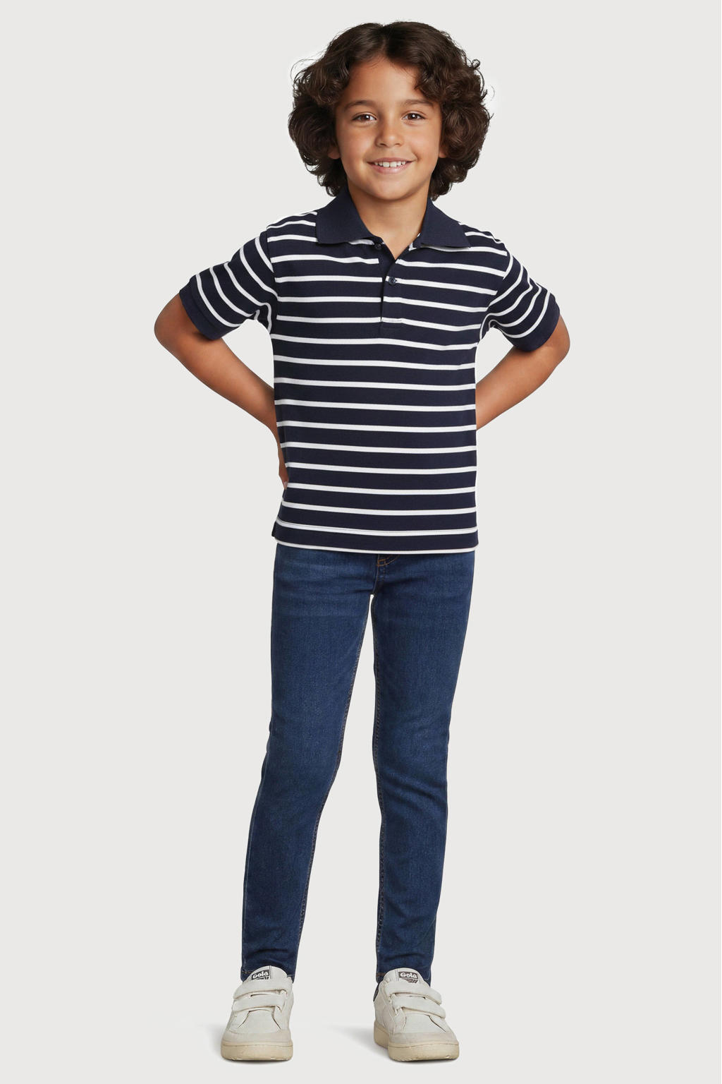 Donkerblauwe jongens Anytime skinny jeans van stretchdenim met rits- en knoopsluiting en effen