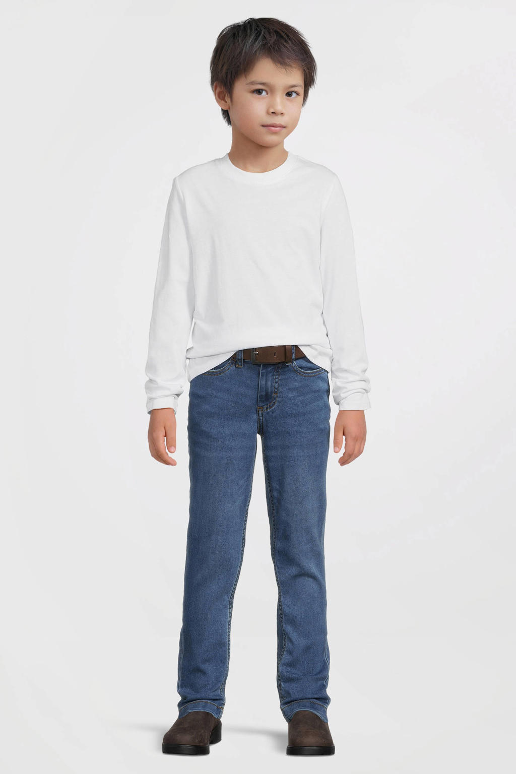 Medium blue denim jongens Anytime skinny jeans van stretchdenim met rits- en knoopsluiting en effen
