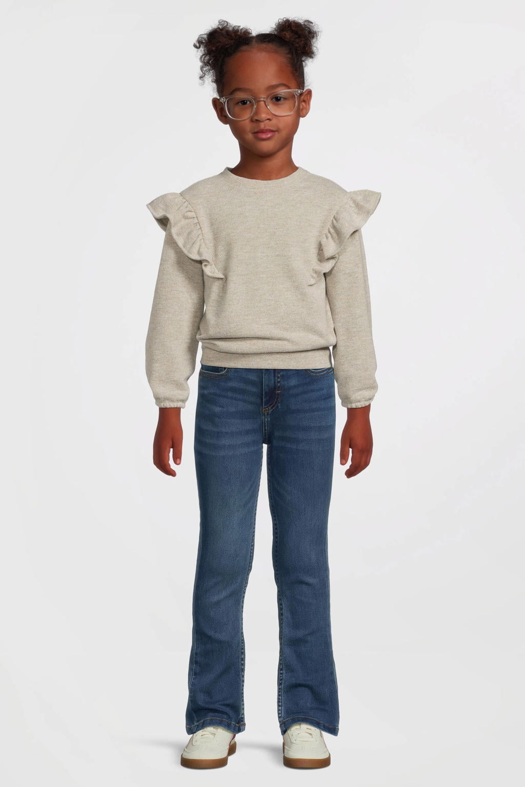 Medium blue denim meisjes Anytime flared jeans 70s blue van stretchdenim met rits- en knoopsluiting en effen