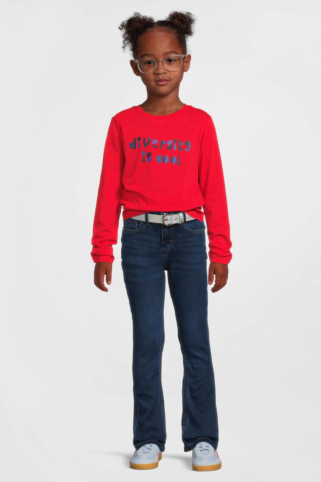 Dark blue denim meisjes Anytime flared jeans van stretchdenim met rits- en knoopsluiting en effen